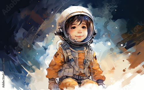 Wesołe dzieci w strojach astronautów bawią się w kosmosie. 