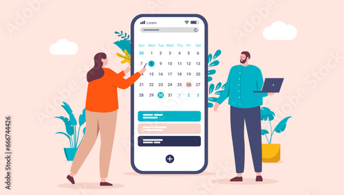 Work schedule - Project manager making plan and setting date in calendar for employee. Business time management and timeline concept in flat design vector illustration