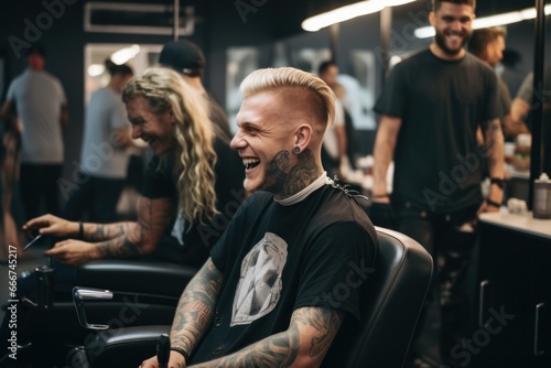 Caucasian man sitting at a barbershop getting haircut smiling