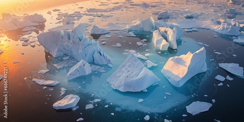  Aerial View of an Ice Floe with Towering Icebergs, Where a Sailboat and Icebreaker Venture Through the Frozen Waters, Spotlighting Environmental Concerns like Melting Ice, CO2 Emissions