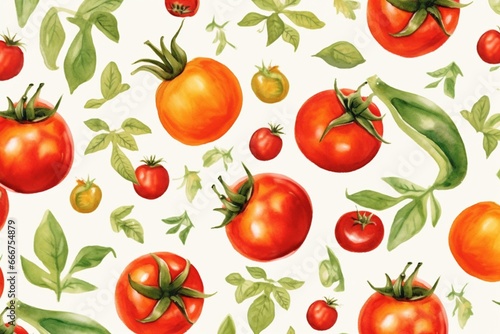 Pattern with watercolor tomato and paprika illustrations. Generative AI