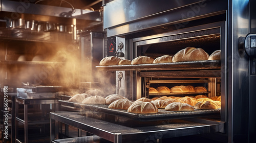 Baking tray with freshly baked rolls in an industrial oven