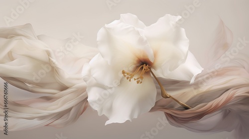 Close-up of white hibiscus or mallow flower on the background of wavy dynamic fabric structure in beige colors. Natural background. Digital art. Illustration for cover, card, postcard, interior design
