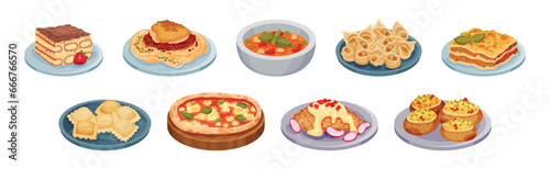 Italian Cuisine Dishes and Food Served on Plate Vector Set