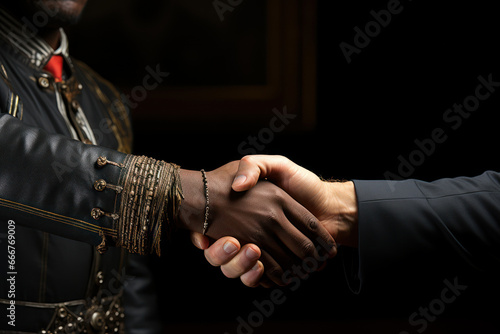 A historic handshake between leaders of a former colonial power and a newly independent nation, demonstrating diplomatic relations post-colonization. Generative Ai.