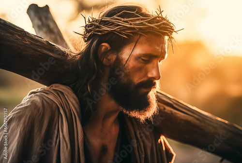 Jesus wearing a crown of thorns with a cross at sunset