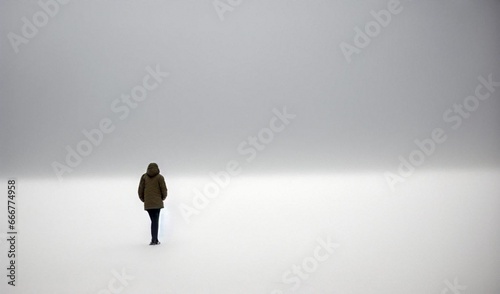 silhouette of a person, alone, standing in a vast empty and white space, isolation, vastness, loneliness