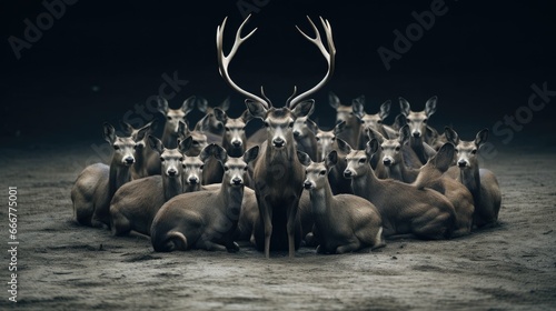  a herd of deer sitting next to each other on a field. generative ai
