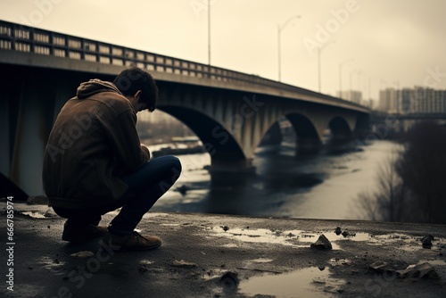 depressed young man contemplating suicide on a highway bridge