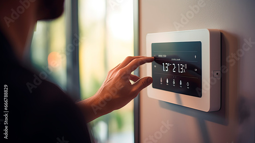 close-up of a hand setting the temperature on the thermostat
