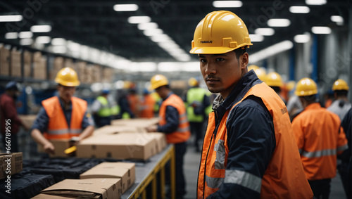 While working in a modern warehouse for the delivery of goods, transport company specialists scan goods and parcels to ensure they are correctly sorted and successfully sent to customers