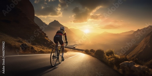 Racing Down the Mountainside: A Professional Racing Cyclist Speeds Down a Thrilling Mountain Road, Embracing the Heart-Pounding Challenge and Competitive Spirit of High-Speed Road Racing
