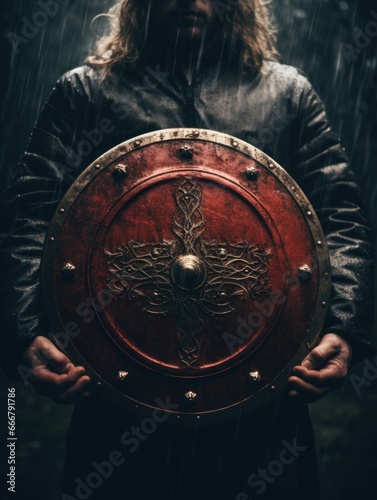 knight holding a metal shield in his hands. 