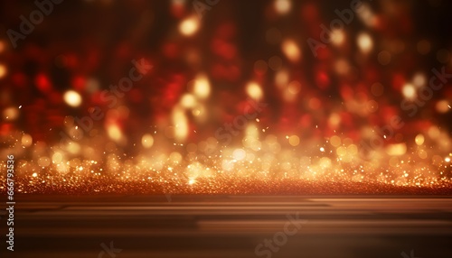 Partículas doradas y rojas para una celebración como navidad o año nuevo. Luces doradas brillantes. Fondo para producto