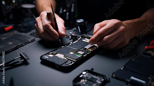 close-up of a technician's hands repairing a smartphone