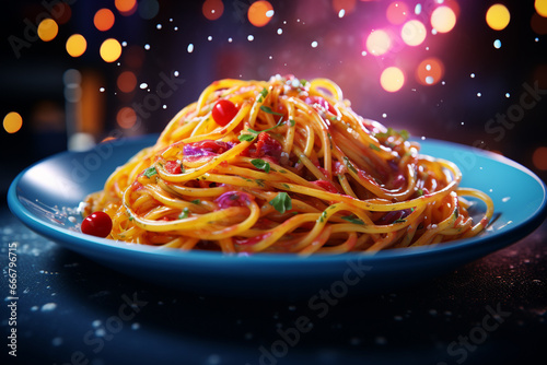 Pasta Italian dish prepared from flour and water that cooked in various shapes and served with sauces. popular, versatility and ability to be combined with variety of ingredients.