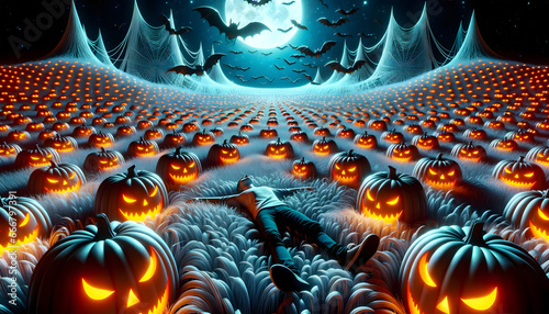 Halloween, dyniowe pole z mężczyzną, noc, księżyc i nietoperze, pająki i ogromne pajęczyny