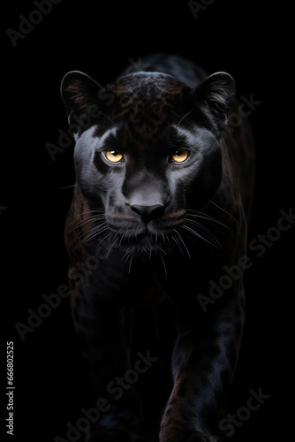 A sleek, powerful black panther with piercing yellow eyes prowls through the darkness, its fierce feline form blending seamlessly into the wild jungle landscape
