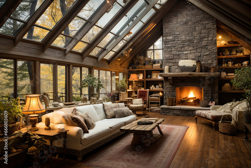 Attic floor with exposed wooden beams and large windows. Aged wood flooring, a stone fireplace, and vintage furnishings create a cozy cabin feel