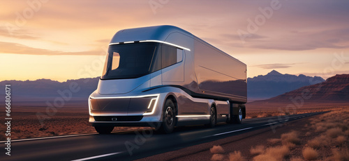 Futuristic truck driving on road in desert landscape