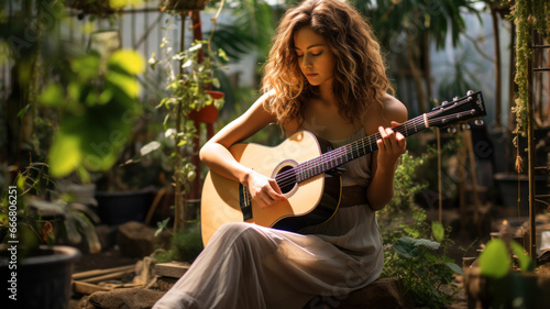 Young woman in dress plays guitar at home backyard, adult girl guitarist practices music. Player with acoustic instrument in green garden. Concept of summer, nature