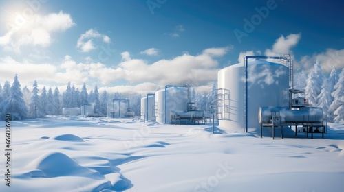 Storage sphere tanks, Large metal hydrogen gas storage tanks in winter landscape.