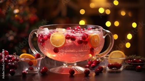 A punch bowl filled with a fruity, bubbly Christmas punch, adorned with floating cranberries and a hint of mint, surrounded by glowing candles.