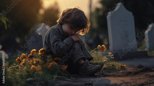 Little boy sitting on the ground in the cemetery and cries at sunset. The concept of sorrow and grief. Mourns for a deceased relative.
