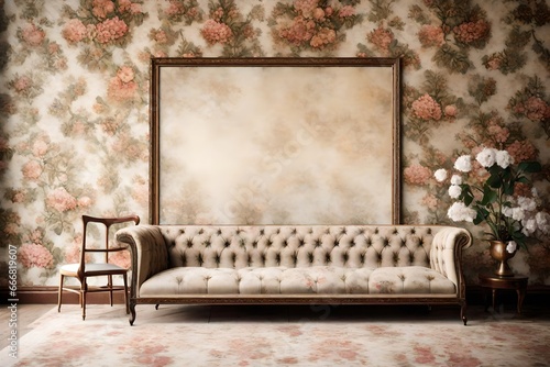 A Canvas Frame for a mockup set against a backdrop of faded floral wallpapers in an old living room, harmonizing with the subtle sheen of an ancient brocade couch