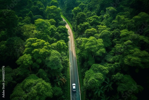 Aerial view of a forest road in a tropical tree forest with a road going through with car, representing an adventure in Asia. Generative AI