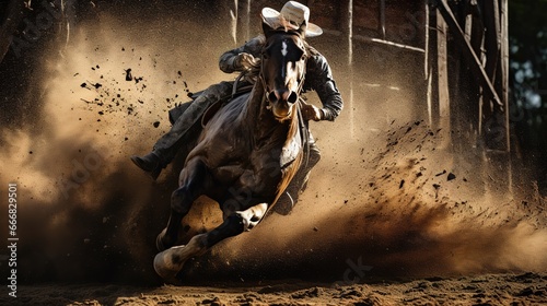  Dramatic photorealistic rodeo scene with a bronc rider riding a bronc, movie poster style, flying dirt. Cowboy riding galloping horse, epic moment