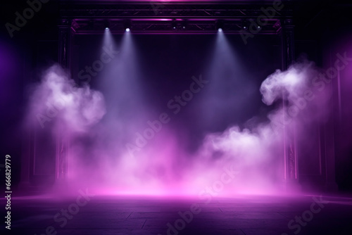 Bright empty stage illuminated by neon purple and blue lights and fog. Abstract minimalistic bright trendy podium background for product presentation