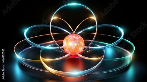 A mesmerizing atomic structure with glowing spheres and orbital paths set against a cosmic backdrop.