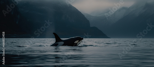 Orcas or killer whales hunt in the Arctic Sea. Impressive arctic mountains in the background. Whale watching. Generative AI