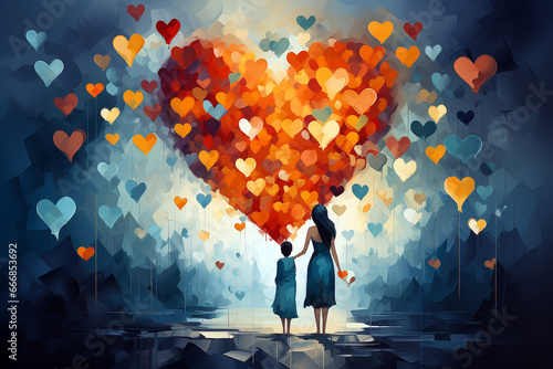mother with her daughter illustration showing love and caring. A heart in the center with little hearts surrounding the image. 