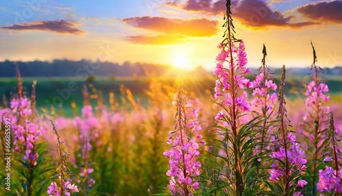 pink ivan tea or blooming sally in the field willow herb at sunset nature landscape