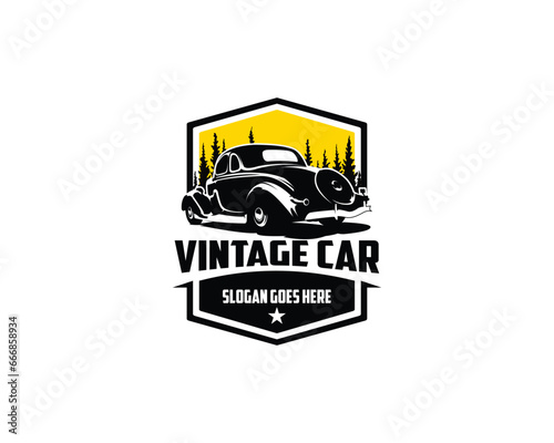 vintage car 1932 Ford coupe. isolated white background appears from behind with a stunning sunset view. best for logo, badge, emblem, icon, sticker design. available in esp 10