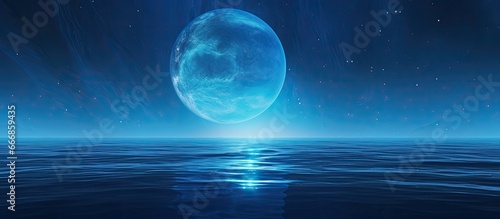 Illustration of a stunning alien planet with radiant blue water surrounded by a brilliant star