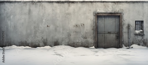 Entrance to empty bomb shelter door and concrete wall in snowy winter