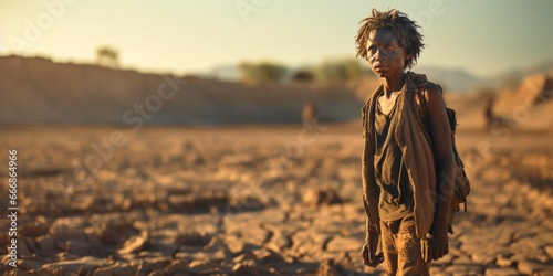 African teenager strained for walking long distance to collect clean water. Water scarcity and drought symbol. : Generative AI