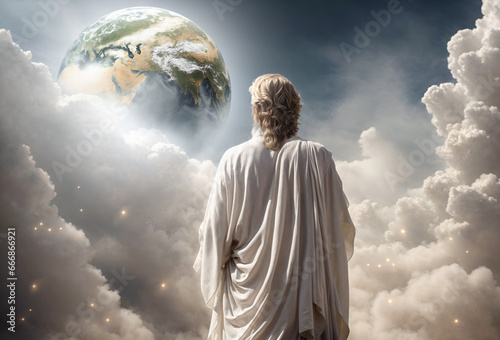 God creates the world biblical scene. Religious conceptual theme