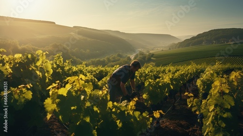 Vineyards: Rolling vineyard hills with rows of grapevines bearing clusters of ripe grapes. A winery worker pruning grapevines in the early morning light.