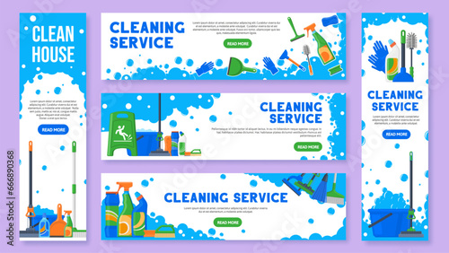 Cleaning service banner. Professional housemaid, clean house flyer with cleaning equipment vector template set