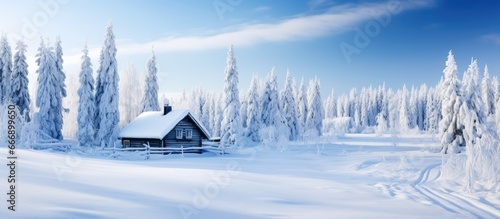Scenic winter scene in Lapland Finland with snowy trees and wooden hut