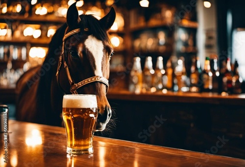 AI generated illustration of a horse standing behind a bar counter, drinking a beer from a stein