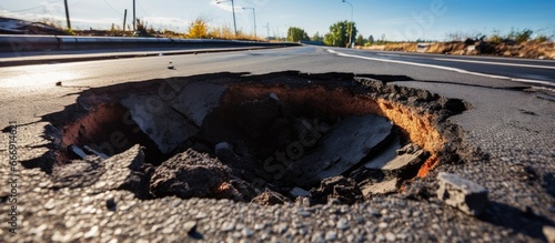 Road hazard damaged asphalt cones warn travelers of danger from seismic activity