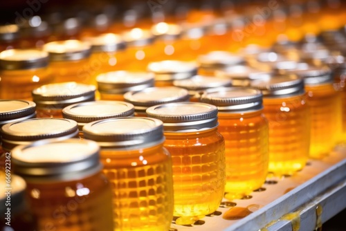 rows of honey jars ready for labeling