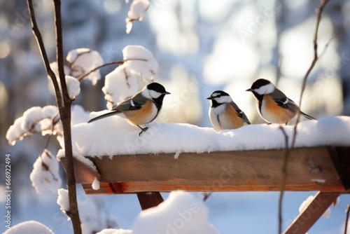 chickadees on a seasonal feeder in winter
