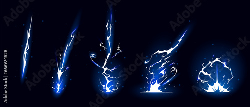 Lightning strike bolt silhouettes sequence vector illustration. Black thunderbolts and zippers are natural phenomena isolated on a dark background. Thunderstorm electric effect of light shining flash.