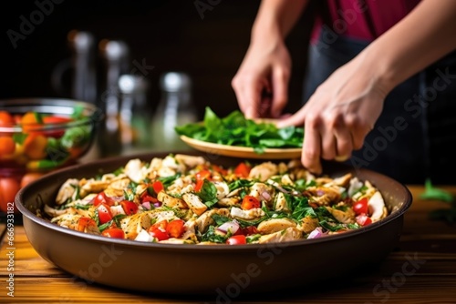 hand adding grilled chicken pieces to pasta salad